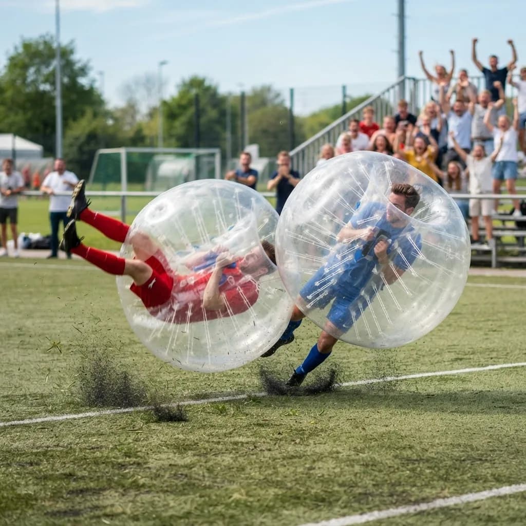 Two players in bubble suits colliding and tumbling on a grass field while spectators cheer from the stands