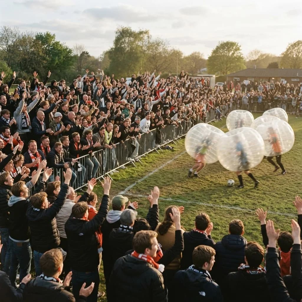 A crowd gathered around a bubble soccer pitch at a community festival