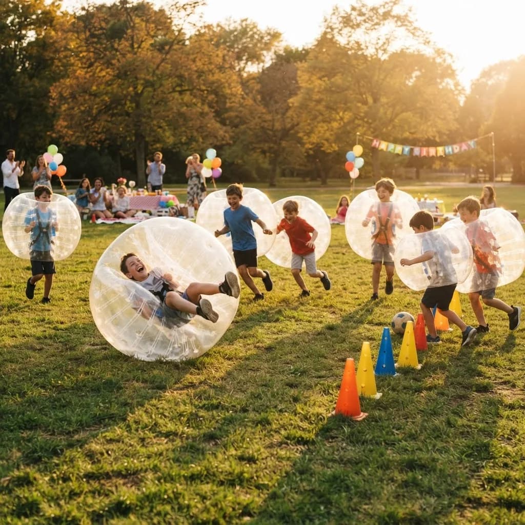 Children laughing inside bubble suits at a school spirit day